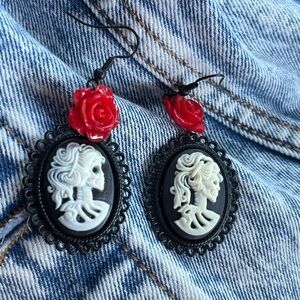 Woman Skeleton Cameo Earrings with Red Rose
